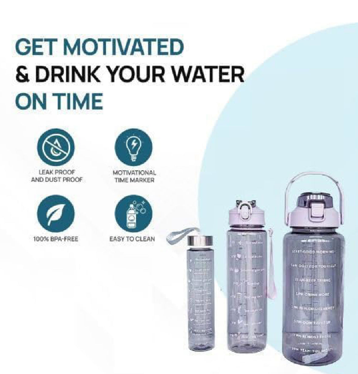 Motivational Sipper Water Bottle (Set of 3 Pcs) (Transparent)